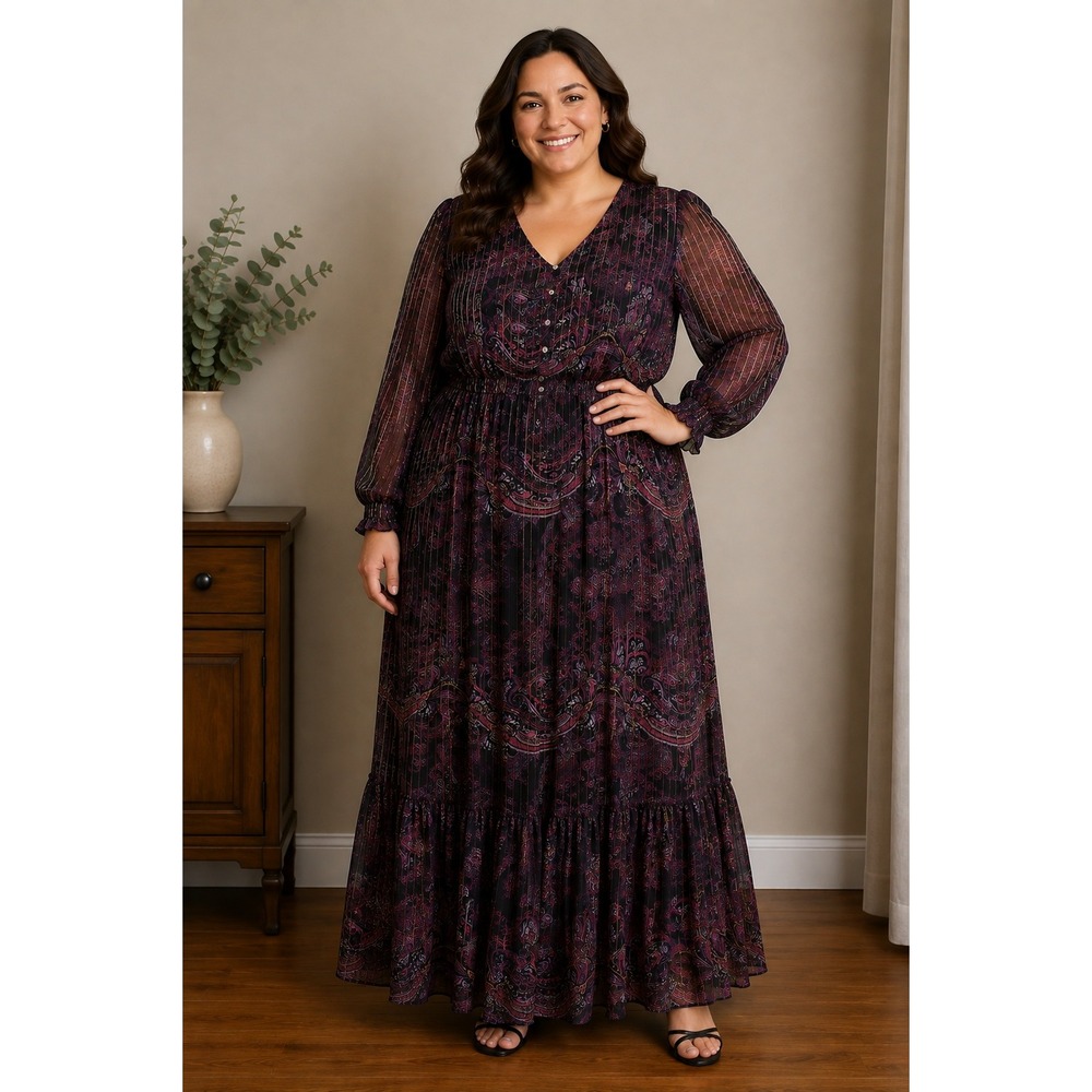Max Paisley Chiffon Maxi Dress‎ Womens XL Purple Metallic Gold Tiered Boho Fairy